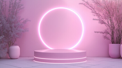 Pink display podium mockup with neon circle on geometric background. Cylinder podium for product presentation and promotion. Advertising concept background.