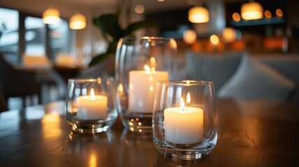 set of glass candle holders with lit candles, creating a cozy and romantic ambiance
