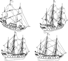 Vector sketch illustration design of sailboat wooden ship rowing pirate classic vintage ethnic traditional 