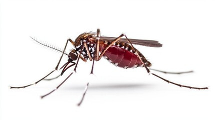 Anopheles mosquito with belly full of blood. Dangerous vehicle of zika, dengue, chikungunya, malaria and other infections. Insect isolated on white background