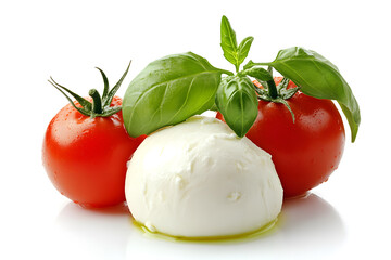 Fresh piece burrata cheese with basil and tomatoes close up isolated on white background