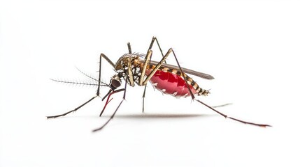 Anopheles mosquito with belly full of blood. Dangerous vehicle of zika, dengue, chikungunya, malaria and other infections. Insect isolated on white background