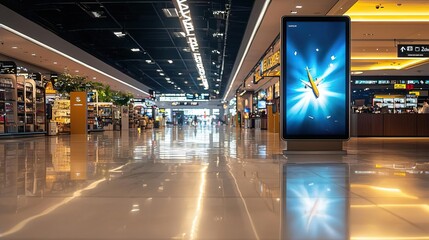 Vibrant airport interior showcasing modern design and advertising display, capturing the essence of travel and commerce.
