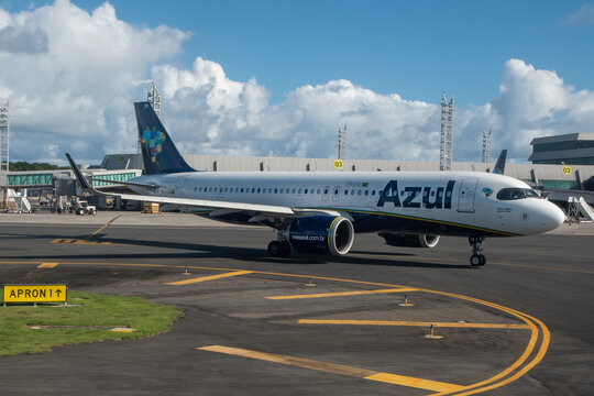 Brazilian airline Azul plane taxiing before taking off