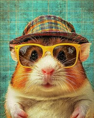 Beautiful hamster in hat wearing yellow sunglasses, in a retro-style fashion with an orange and...