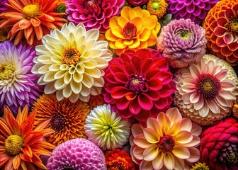 Fototapeta premium Vibrant flower heads burst with petals, showcasing a kaleidoscope of colors and intricate patterns in a dazzling display of natural beauty and elegance.