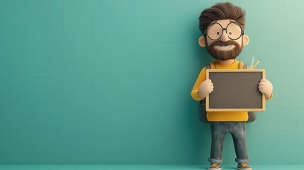 A 3D clipart of a teacher holding a chalkboard, in a colorful classroom, white background,