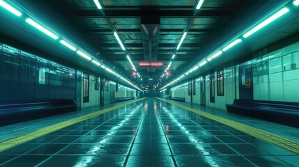 Fototapeta premium Glowing lights and reflective spaces define this futuristic subway,