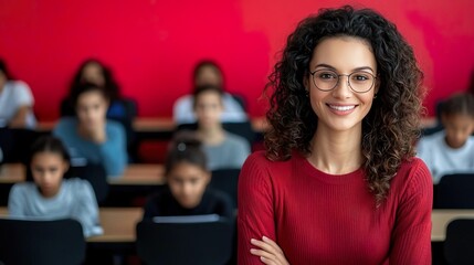 Obraz premium Confident teacher in a classroom setting, smiling at the camera with students engaged in the background ready to learn.