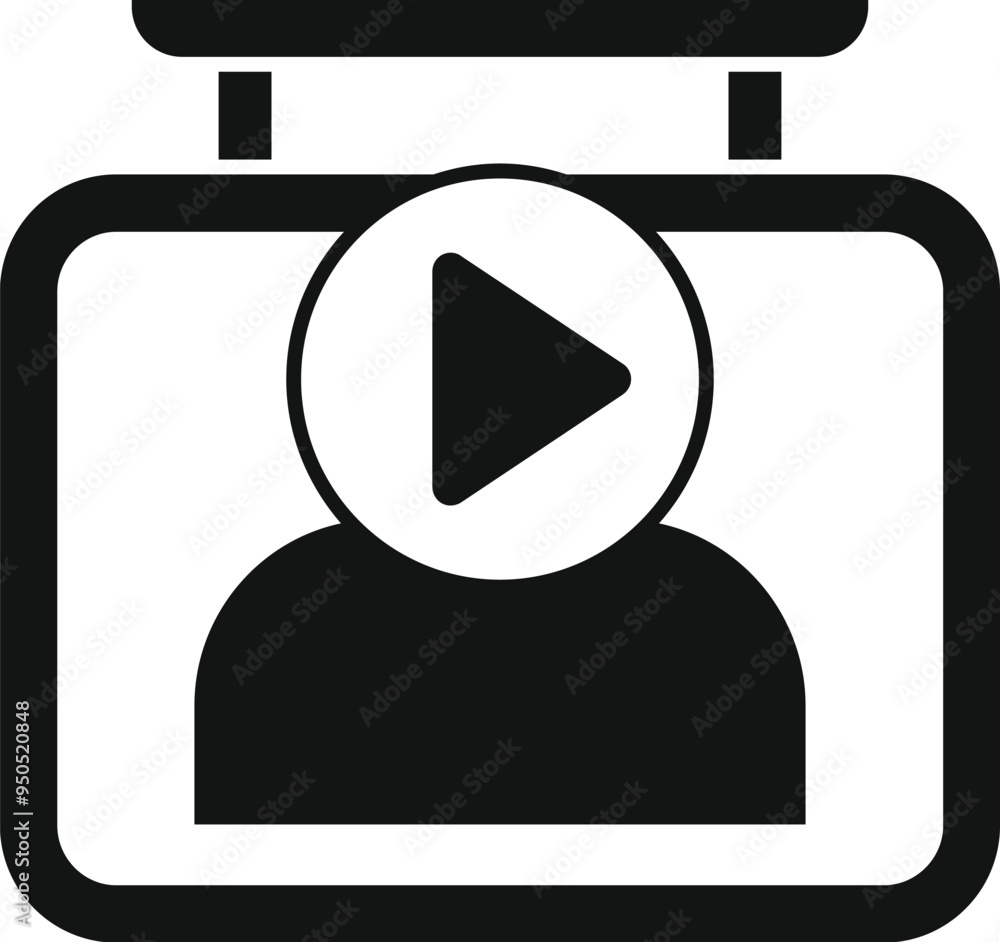 Poster simple vector icon of a video player interface with a play button superimposed over the silhouette o