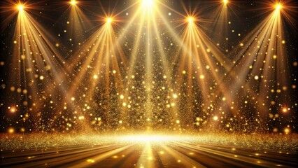 Gold lights rays illuminating a stage with abstract particle glitter for an award-winning event , gold, lights, rays