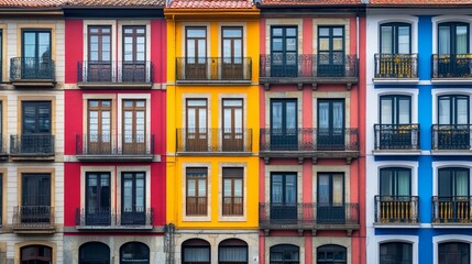 Obraz premium Details of the multi colored facades of the old buildings in Bilbao's Casco Viejo