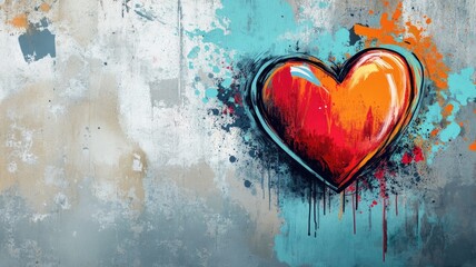 A vibrant graffiti-style heart with bold splashes of color, creating an edgy, urban aesthetic against a rough wall