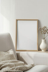 A blank light wooden 2:3 frame mock up, plain surface, clean background, living room setting, good lighting