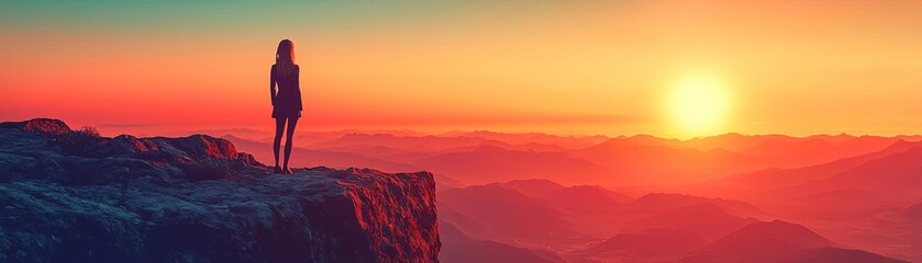 Obraz premium A confident businesswoman standing on the edge of a cliff at sunset