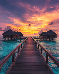 Obraz premium A stunning sunset paints the sky with vibrant colors while a wooden boardwalk stretches over crystal clear waters towards picturesque overwater huts.