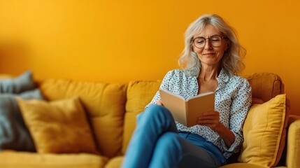 Obraz premium Senior woman enjoys reading a book on a cozy couch, surrounded by vibrant colors, embodying relaxation and leisure.