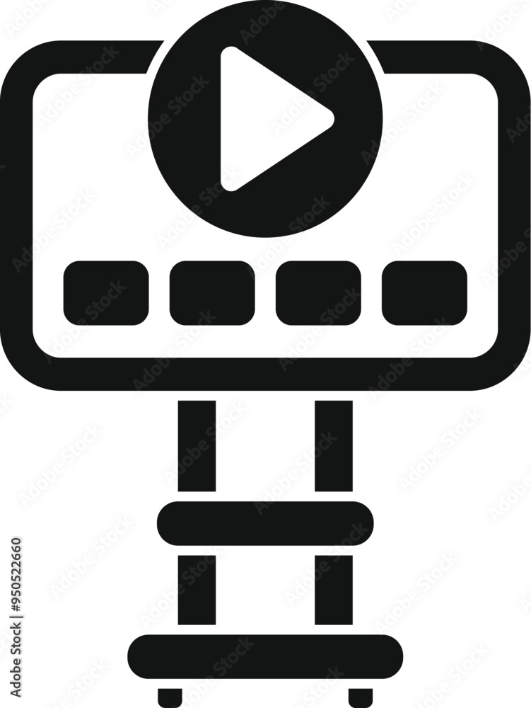 Poster icon of interactive digital signage displaying video content with play button and control panel, ide