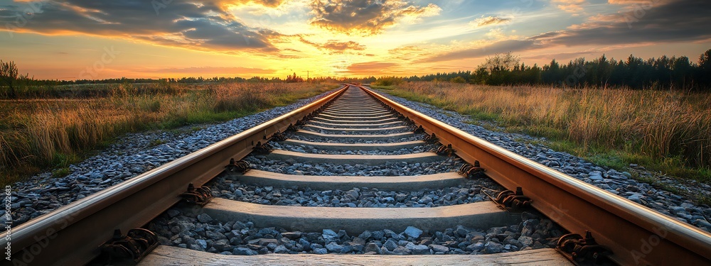 Wall mural arafed train tracks with a sunset in the background