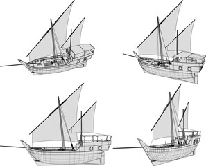 Vector sketch illustration of a wooden sailboat design for sailing on the high seas