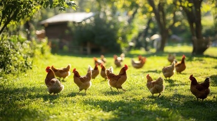 Chickens on a Farm in a Sunlit Meadow