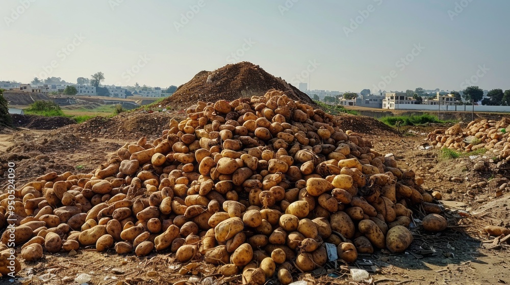 Poster a pile of potatoes is stacked on top of each other