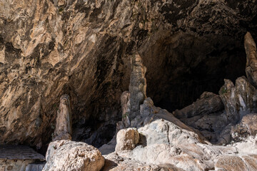 ancient cave with beautiful stalactites in which for a long time there was a Christian altar on the island of Crete in Greece