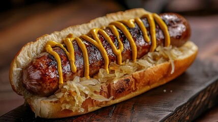 Juicy bratwurst sausages on a bun with sauerkraut, dripping with mustard, hearty and satisfying