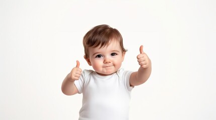A cheerful baby giving thumbs up in a bright setting, radiating joy and positivity. Perfect for family and parenting themes.