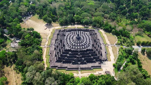 Yogyakarta, Indonesia: Aerial drone footage of the famous Borobudur ancient buddhism temple near 