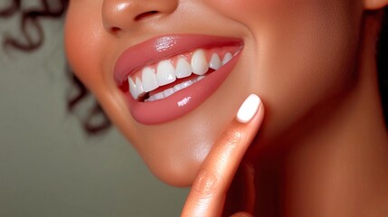 Fototapeta premium Close-up of a smiling woman showcasing her teeth and beautiful skin with a friendly expression and elegant manicure.