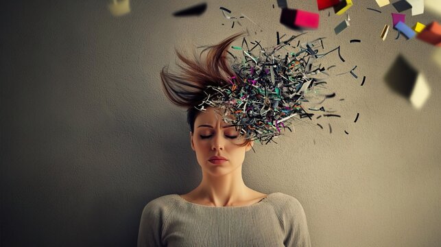 A surreal image depicting a woman with her head exploding into colorful fragments, symbolizing creativity and chaos.