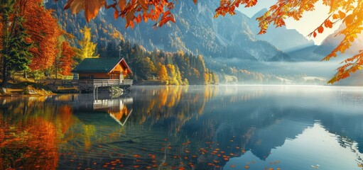 Autumn Serenity: A Cabin by the Lake with Misty Mountains