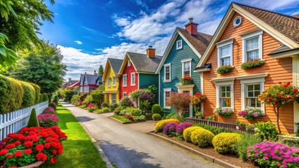 A beautiful street with colorful houses and well-maintained gardens, street, house, garden, colorful
