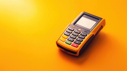 Obraz premium A modern, vibrant yellow payment terminal resting on an orange background, ideal for finance or technology themed projects.