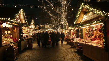 Naklejka premium Visitors stroll through a festive winter market adorned with twinkling lights in a charming town square during the holiday season
