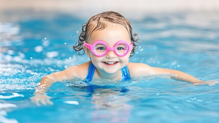 Naklejka premium A joyful girl dives into a sparkling blue pool, capturing the essence of summer play with friends in vibrant outdoor fun