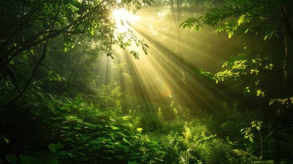 Obraz premium Sunlight Beams Through Dense Forest