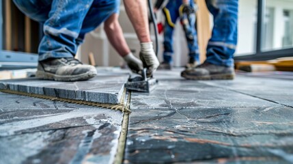 photo of builders laying granite tiles, realistic image