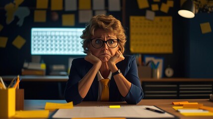 A thoughtful older woman sitting at a desk, surrounded by sticky notes, deep in contemplation and looking for inspiration.