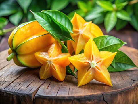 Vibrant orange-yellow carambolo fruit, also known as starfruit, sliced to reveal its distinctive star-shaped cross-section, arranged on a rustic wooden cutting board amidst green leaves.