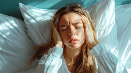 Naklejka premium A woman in bed experiences stress and exhaustion, with hands on her head, illustrating a moment of fatigue and emotional strain.
