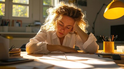 A woman sits at her desk, looking thoughtful and stressed while reviewing documents in a warmly lit room.