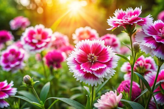 Vibrant pink and white clavel flor flowers bloom in a lush garden, surrounded by lush greenery, with delicate petals and golden centers shining in sunlight.