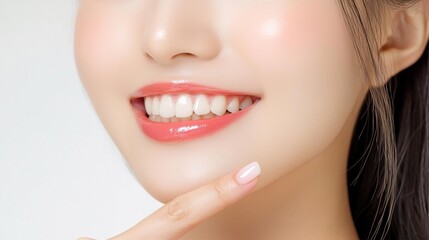 Fototapeta premium Close-up of a smiling woman showcasing her perfect teeth and radiant skin, highlighting beauty and confidence.