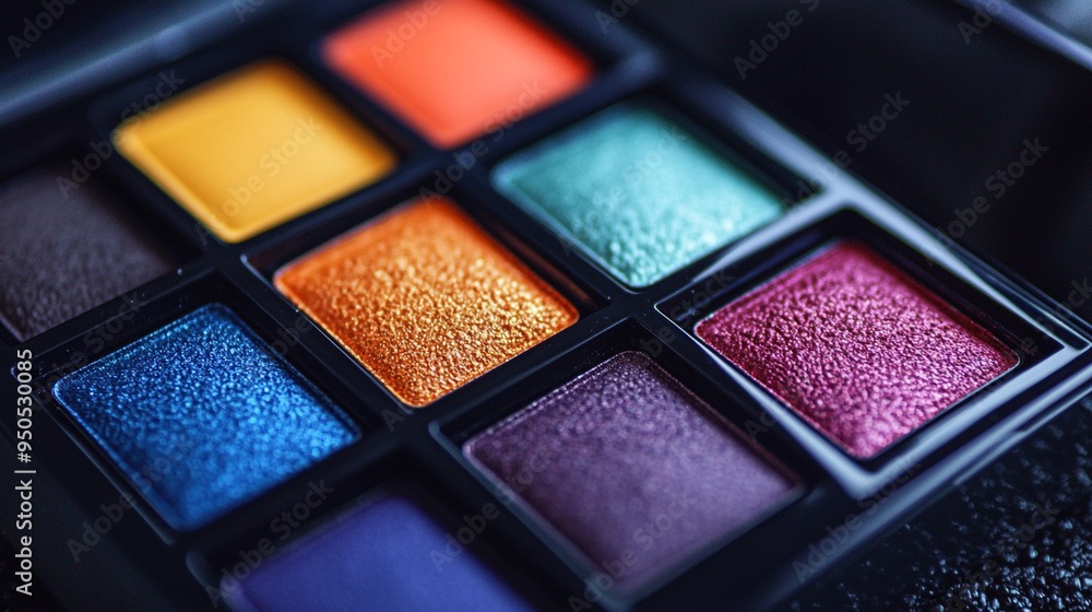 Poster vibrant eyeshadow palette with nine rich colors arranged in a grid pattern on a dark surface during 