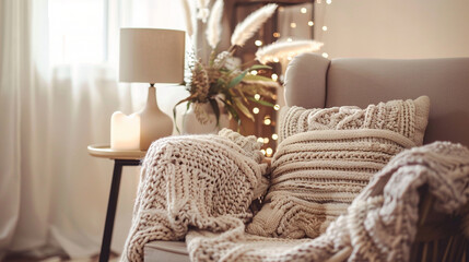 Close-up of a cozy reading nook with a plush armchair, soft throw blanket, and a small side table with a lamp.