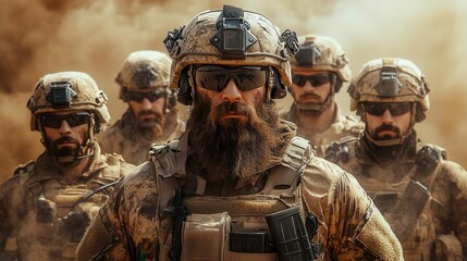 group of modern soldiers in full combat gear facing the camera dusty smoky environment adds gritty realism to the intense military scene