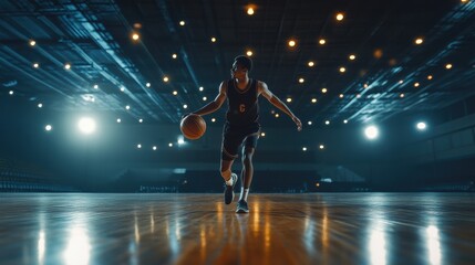 Obraz premium Basketball Player Dribbling Under Arena Lights 
