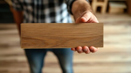 Close-up of man holding wooden plank

